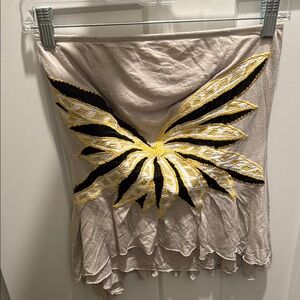 Vintage Free People Embroidered Beige Strapless Top w/ Yellow and Black Accents